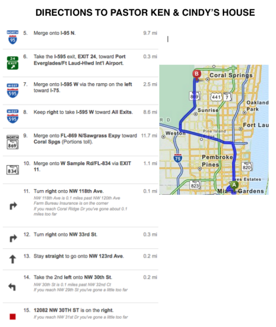 Map and directions to Ken and Cindy's house.