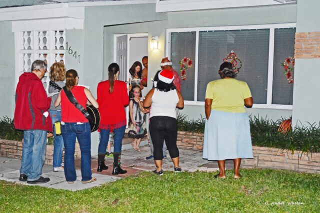 Group caroling outside a decorated house.