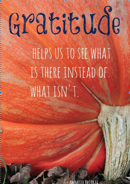 Pumpkin with gratitude quote in decorative font.