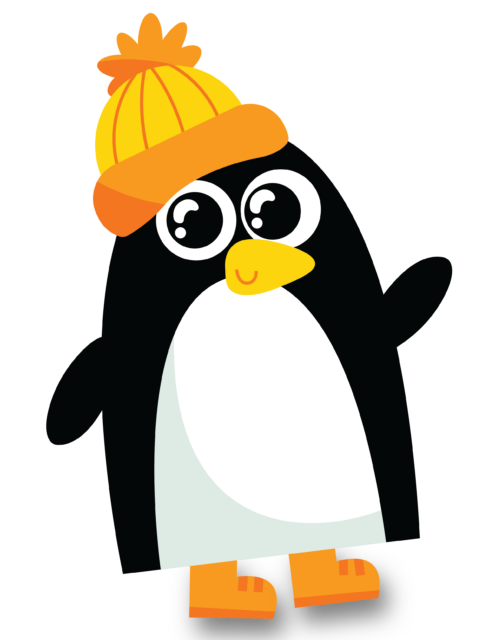 Cartoon penguin wearing hat and boots.