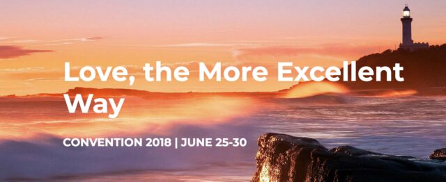 Sunset with lighthouse, convention text overlay.