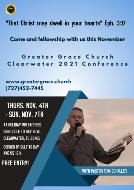 Church conference flyer with speaker holding microphone.