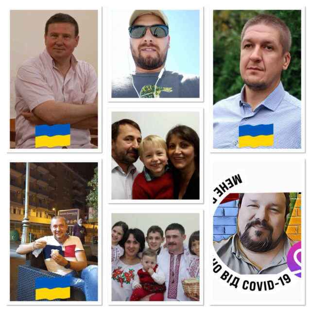 Collage of people with Ukrainian flags.